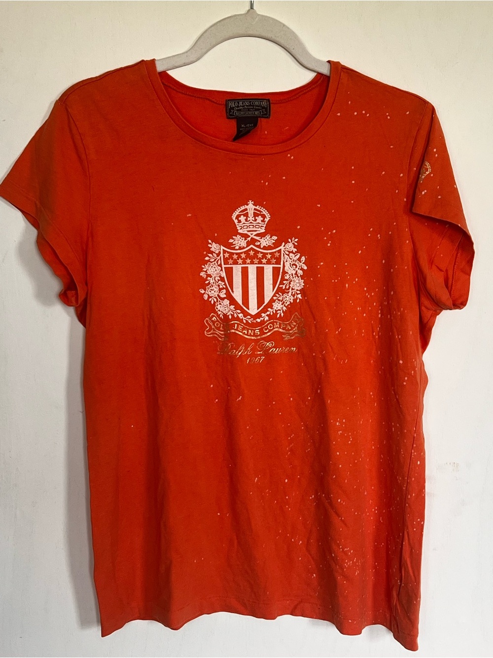 Polo Jeans Co Ralph Lauren Women’s XL Orange Bleach Splatter Crest T-Shirt